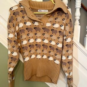 Zara Tan and White Cowl Neck Sweater with Bunny Pattern